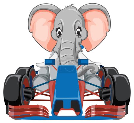 Cute elephant in a colorful racing car