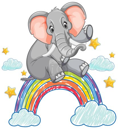Téléchargez les illustrations : Éléphant mignon sur un arc-en-ciel vibrant avec des étoiles - en licence libre de droit