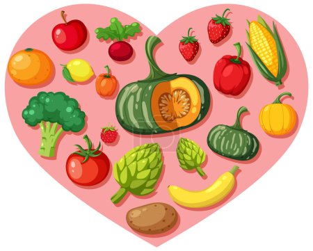 Fruits et légumes colorés dans une disposition de coeur.