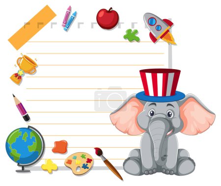 Téléchargez les illustrations : Éléphant de bande dessinée avec des articles éducatifs et un chapeau américain - en licence libre de droit