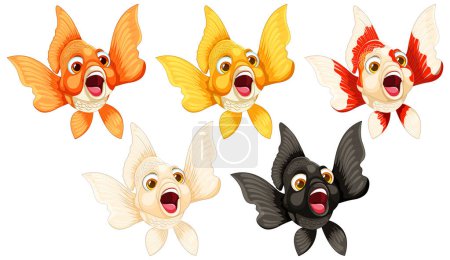 Ilustración de Cinco peces de colores de dibujos animados con varias expresiones - Imagen libre de derechos