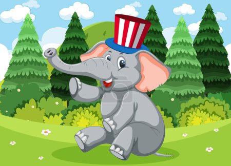 Illustration for Cartoon elephant wearing a striped hat outdoors - Royalty Free Image