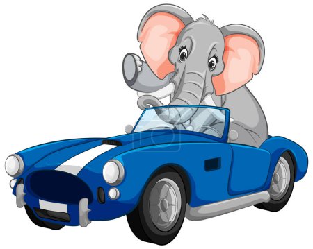 Ilustración de Elefante de dibujos animados en un elegante convertible azul - Imagen libre de derechos