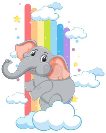 Ilustración de Lindo elefante escalando un arco iris vibrante - Imagen libre de derechos