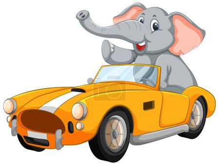 Ilustración de Elefante de dibujos animados conduciendo alegremente un coche amarillo - Imagen libre de derechos