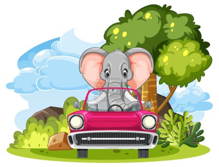 Ilustración de Elefante de dibujos animados conduciendo un coche rosa al aire libre - Imagen libre de derechos