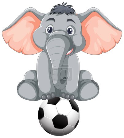 Ilustración de Lindo elefante de dibujos animados sentado en una pelota de fútbol - Imagen libre de derechos