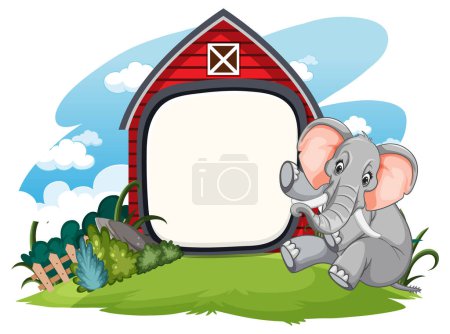 Illustration for Cartoon elephant sitting beside a red barn frame - Royalty Free Image