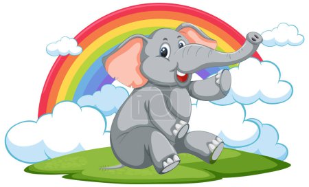 Téléchargez les illustrations : Éléphant de bande dessinée assis sous un arc-en-ciel vibrant - en licence libre de droit