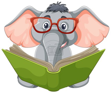 Illustration for Cartoon elephant wearing glasses, reading a book - Royalty Free Image