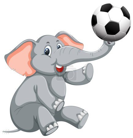 Téléchargez les illustrations : Éléphant de bande dessinée jouant avec un ballon de football noir et blanc - en licence libre de droit