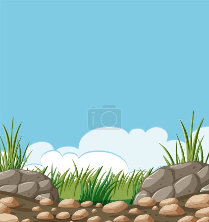 Illustration for Vector illustration of rocks and grass under blue sky - Royalty Free Image