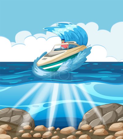 Ilustración de Ilustración vectorial de una lancha rápida creando olas - Imagen libre de derechos