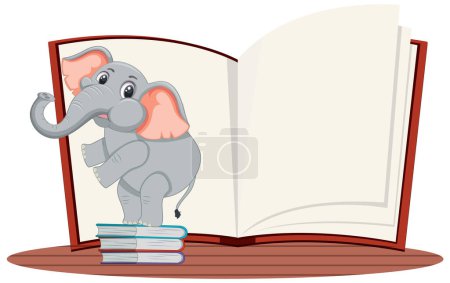 Téléchargez les illustrations : Éléphant de bande dessinée lisant une illustration de livre ouvert - en licence libre de droit
