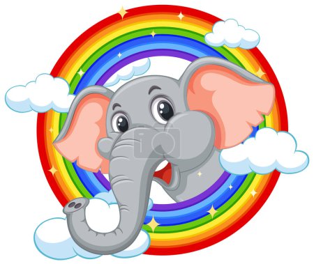 Téléchargez les illustrations : Éléphant de bande dessinée devant un arc-en-ciel vibrant - en licence libre de droit