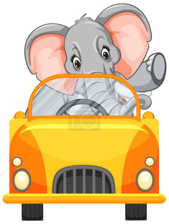 Ilustración de Elefante de dibujos animados conduciendo un coche amarillo vibrante - Imagen libre de derechos