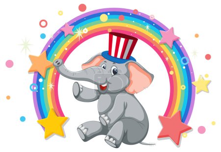 Ilustración de Elefante de dibujos animados bajo un arco iris vibrante - Imagen libre de derechos