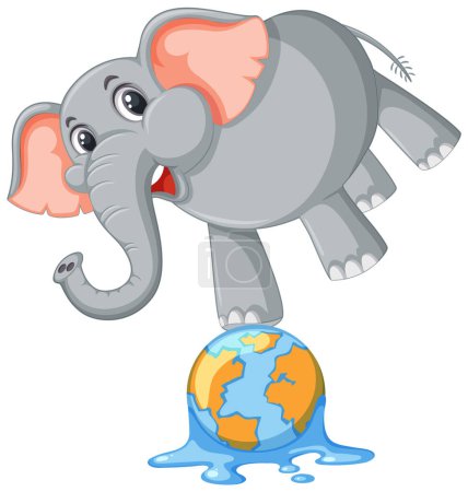 Téléchargez les illustrations : Éléphant de bande dessinée debout sur un petit globe terrestre - en licence libre de droit