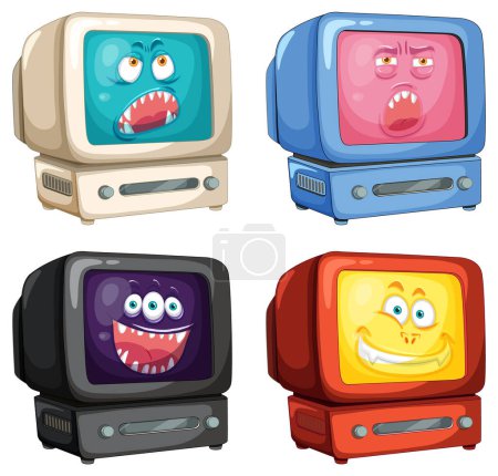 Ilustración de Cuatro televisores animados que muestran diferentes emociones - Imagen libre de derechos