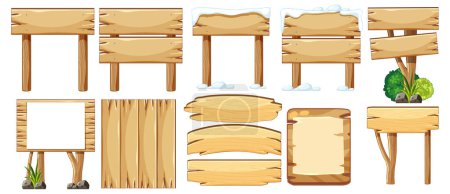 Illustration for Various wooden signs and planks with foliage - Royalty Free Image