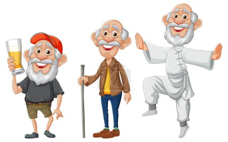 Vector illustration of three joyful elderly men