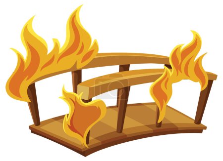 Vector illustration of a wooden bridge on fire