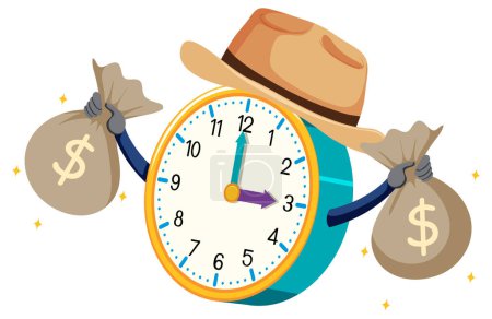 Téléchargez les illustrations : Horloge avec des sacs d'argent et un chapeau de cow-boy - en licence libre de droit