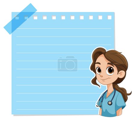 Cartoon nurse smiling beside a large clipboard