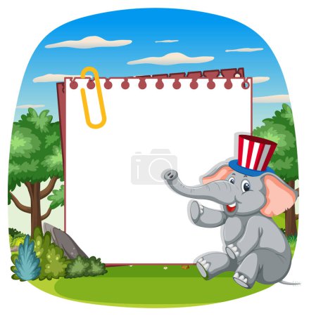 Téléchargez les illustrations : Éléphant de bande dessinée avec un bloc-notes vierge à l'extérieur - en licence libre de droit