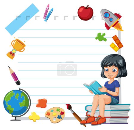 Ilustración de Ilustración de una niña leyendo rodeada de artículos educativos - Imagen libre de derechos