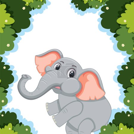 Téléchargez les illustrations : Illustration vectorielle d'un éléphant heureux entouré de verdure - en licence libre de droit