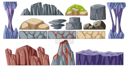 Colorful, varied rock formations and crystals illustration