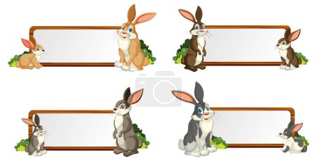 Ilustración de Cuatro escenas de conejos con pancartas decorativas - Imagen libre de derechos