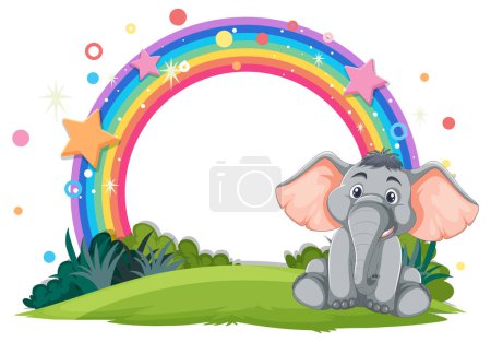 Ilustración de Lindo elefante sentado bajo un vibrante arco iris - Imagen libre de derechos