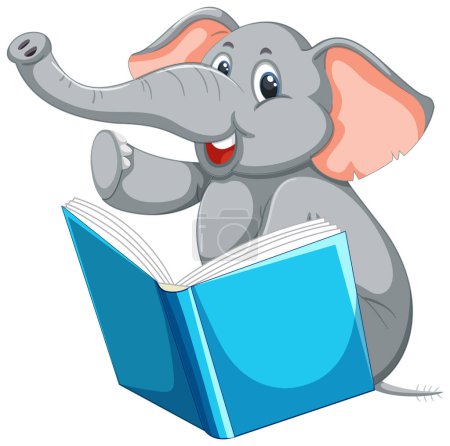 Téléchargez les illustrations : Éléphant de bande dessinée appréciant la lecture d'un livre bleu. - en licence libre de droit