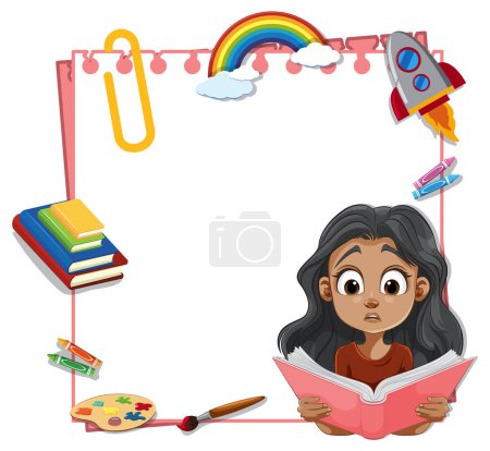 Ilustración de Chica joven leyendo rodeado de símbolos creativos - Imagen libre de derechos