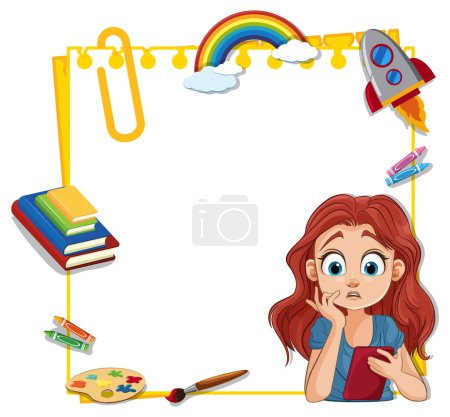 Ilustración de Chica joven rodeada de coloridos objetos creativos - Imagen libre de derechos