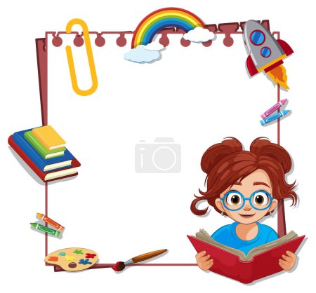 Ilustración de Chica joven leyendo rodeado de iconos creativos - Imagen libre de derechos