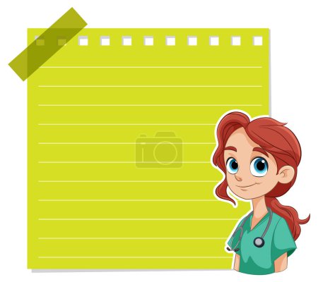 Cartoon Krankenschwester steht neben einem großen gelben Notizblock