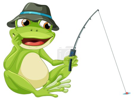 Illustration for Cartoon frog fishing with a rod and hat - Royalty Free Image