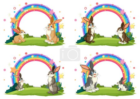 Ilustración de Cuatro escenas de conejos jugando bajo un colorido arco iris - Imagen libre de derechos