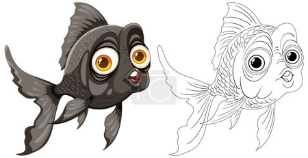 Téléchargez les illustrations : Illustration vectorielle d'un poisson rouge de couleur et d'art linéaire. - en licence libre de droit