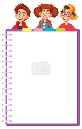 Three cheerful kids peeking over a blank notebook