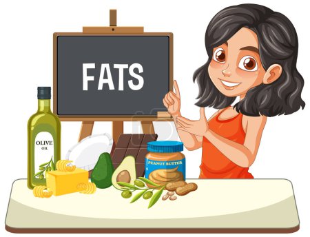 Illustration for Woman teaching about healthy fats with food items - Royalty Free Image