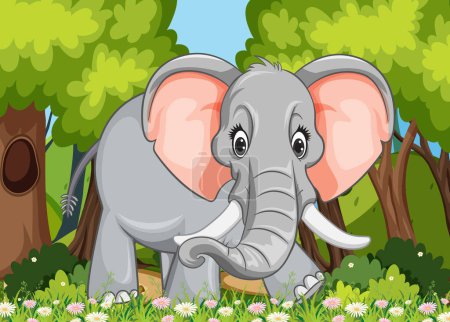 Téléchargez les illustrations : Éléphant de bande dessinée debout parmi la verdure vibrante - en licence libre de droit