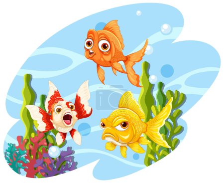 Téléchargez les illustrations : Trois poissons rouges animés profitant de leur monde sous-marin - en licence libre de droit