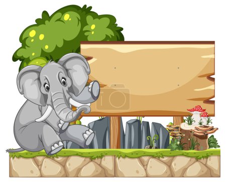 Téléchargez les illustrations : Éléphant de bande dessinée à côté d'un panneau en bois - en licence libre de droit