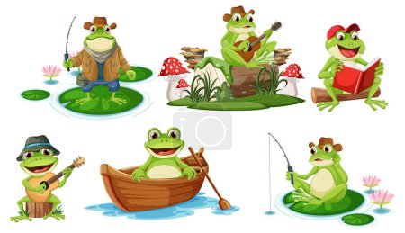 Vector illustrations of frogs in different leisure scenes