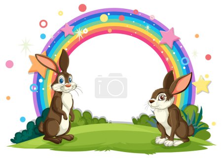 Ilustración de Dos conejos bajo un colorido arco iris en la naturaleza - Imagen libre de derechos