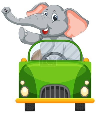 Téléchargez les illustrations : Éléphant de bande dessinée conduisant joyeusement une voiture verte dynamique - en licence libre de droit